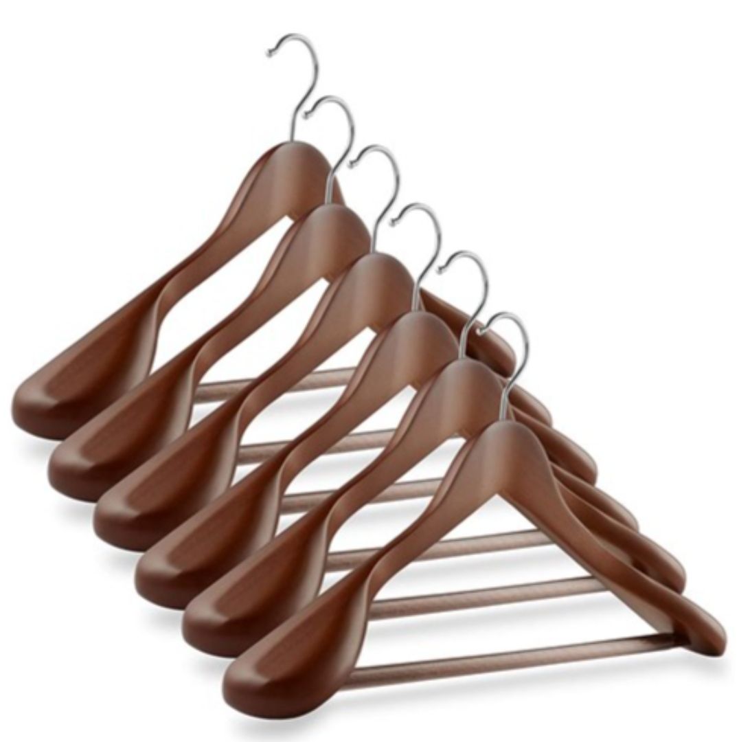 Ahşap Kalın Omuz Formlu Takım Elbise Ceket Askısı Ceviz Renk Klasik Gümüş Kanca