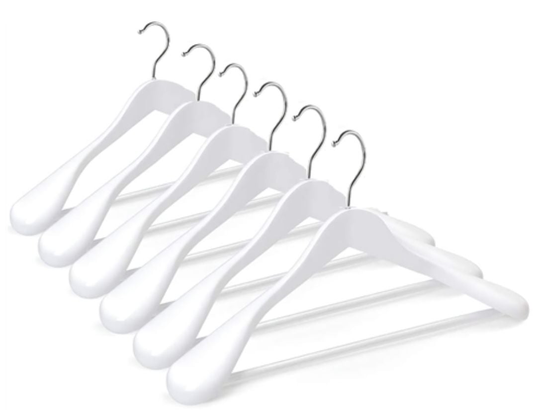 Ahşap Kalın Omuz Formlu Takım Elbise Ceket Askısı Beyaz Renk Kanca Klasik Gümüş