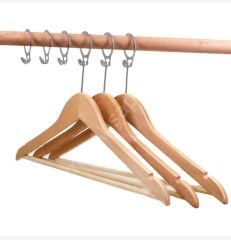 Otel Tipi Elbise Askısı Ahşap Otel Elbise Askısı Vernikli Metal Halkalı 43 cm