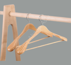 Ahşap Kalın Omuz Formlu Takım Elbise Ceket Askısı Naturel Renk Klasik Gümüş Kanca