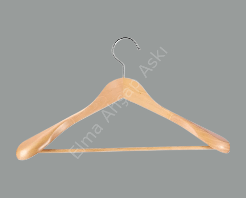 Ahşap Kalın Omuz Formlu Takım Elbise Ceket Askısı Naturel Renk Klasik Gümüş Kanca