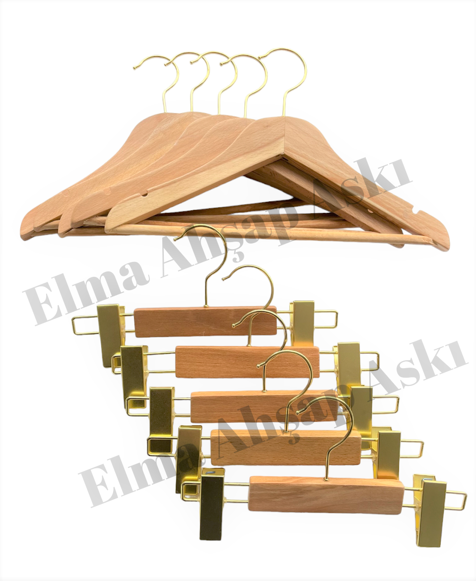 Bebek Ahşap Askı Seti Naturel Renk Gold Kancalı