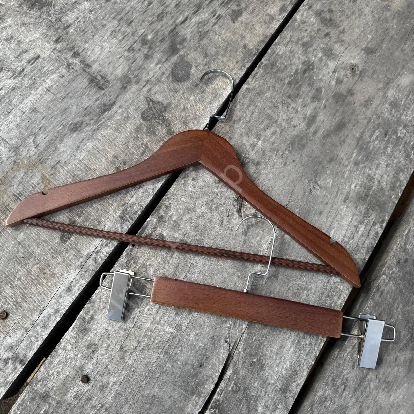 Ceviz Renk Ahşap Elbise Pantolon Etek Askısı SET Gümüş Lama Kancalı