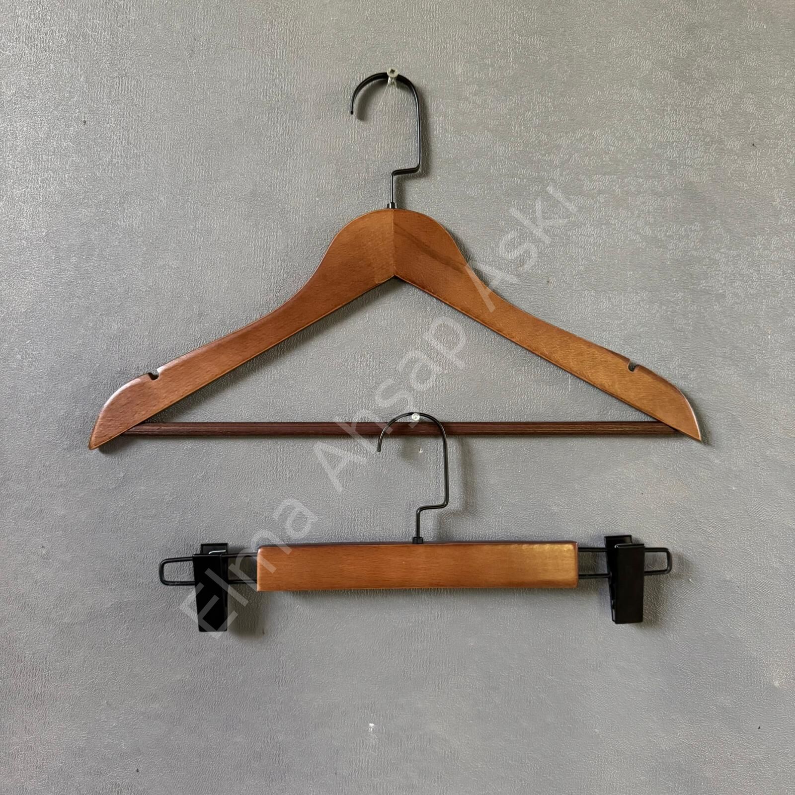 Ceviz Renk Ahşap Elbise Pantolon Etek Askısı SET Siyah Lama Kancalı