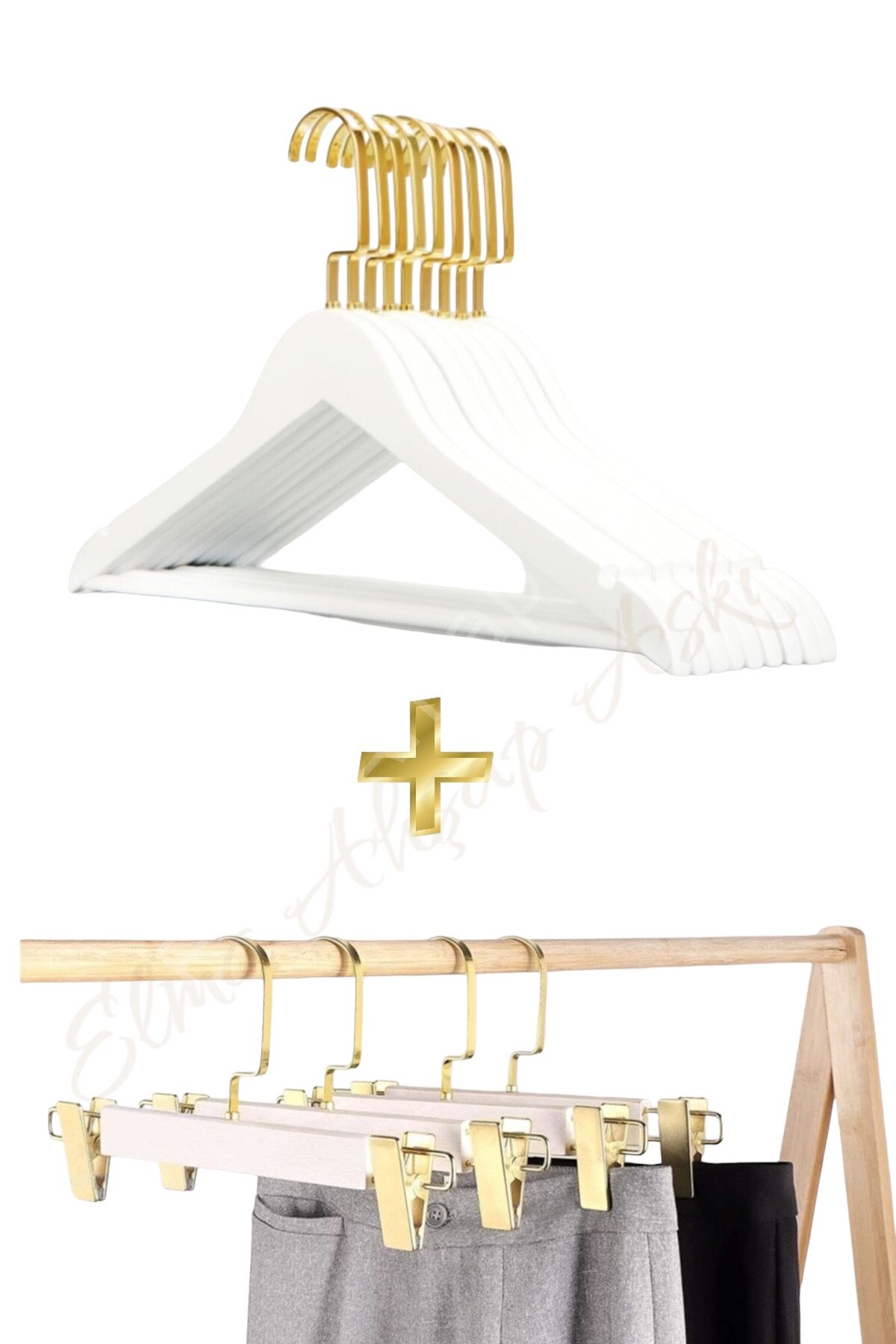 Beyaz Renk Ahşap Elbise Pantolon Etek Askısı SET Gold Lama Kancalı