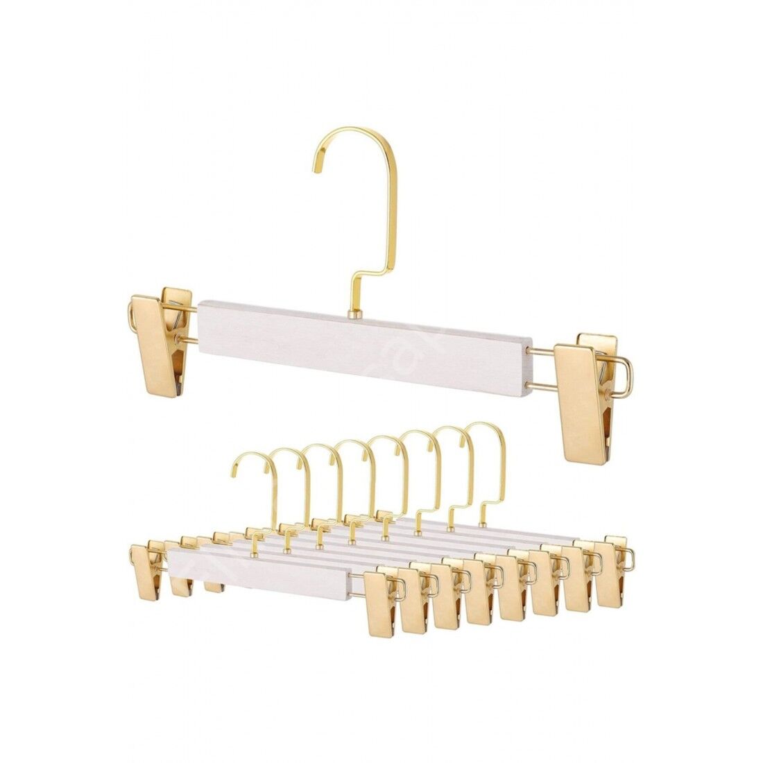 Beyaz Ahşap Mandallı Pantolon Askısı Etek Askısı Özel Seri Gold Lama Kancalı